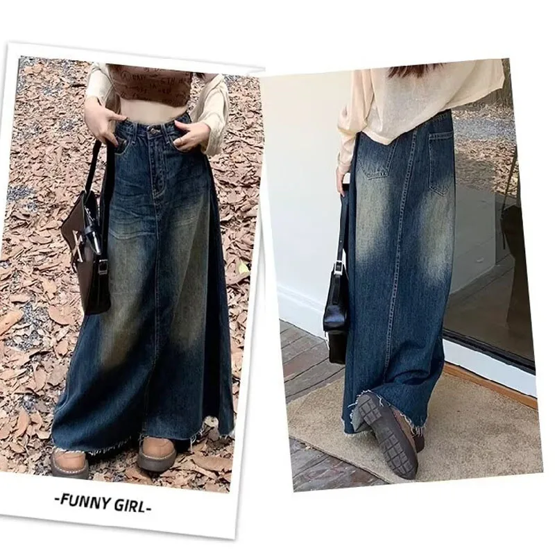 2025 gebrauchter antiker Wasch-Jeansrock für Damen im Frühling und Herbst, heißer Mädchen-Retro-gerader A-Linien-Design, schmaler langer Rock