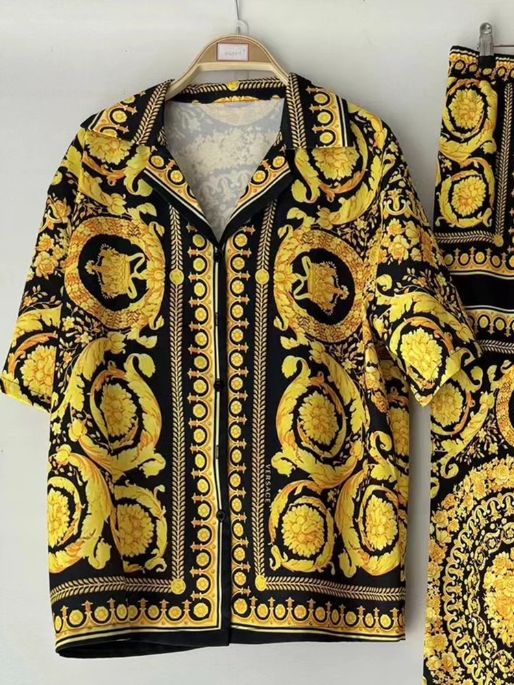 디자이너 레트로 기하학 프린트 스트레이트 레그 파자마 셔츠 투피스 세트 (2025년 여름 여성복) + 루즈핏 와이드 팬츠 세트