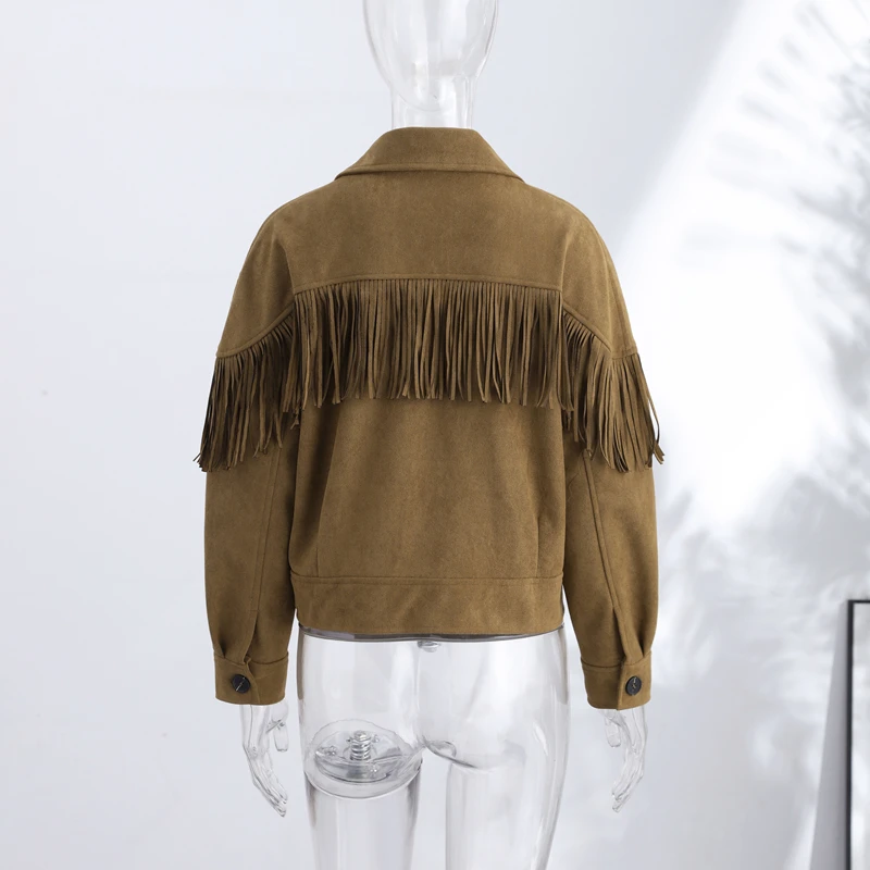 Damen-Wildlederjacken mit Übergroßem Revers und Quasten, Einreihige Kurze Mäntel, Herbst-Damenjacke mit Langen Ärmeln, Neue Oberbekleidung – Detail 5