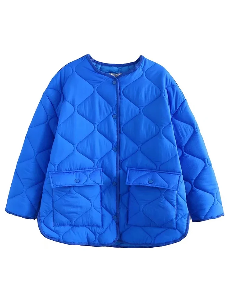 Zat Women\'s Oversized Jacket Blue Parka Outwear Plaid Button Quilted Parka Long Bomber Winter Warm Streetwear Femme Coat 2023