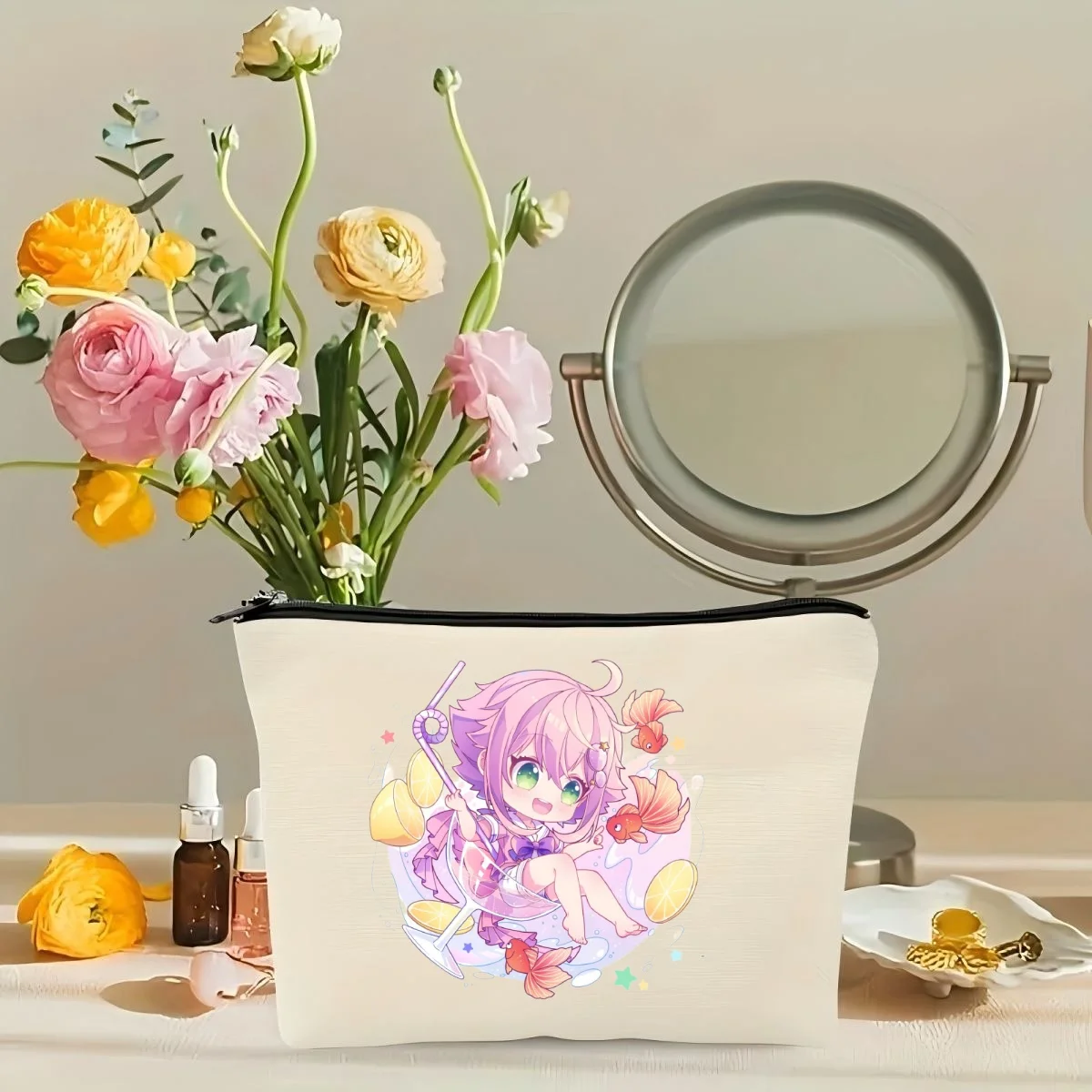 

1pc Cute Chibi Anime Girl with Bunnies Canvas Multi-use Pouch, Organize Cosmetics, Stationery, Coins Neatly for Daily Use