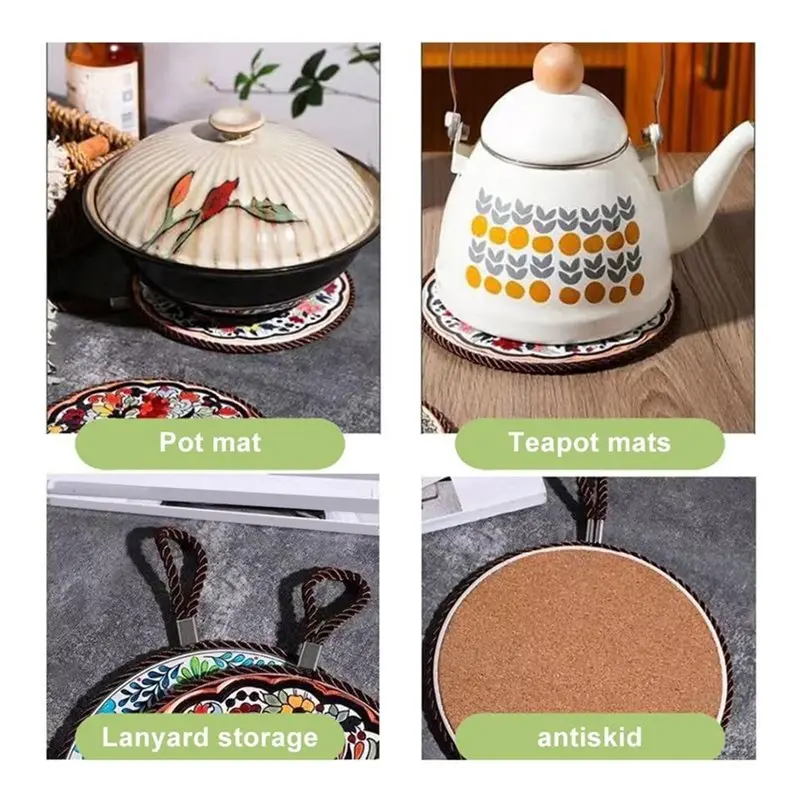 【PARTY DAY】New Chinese Style Heat Insulating Mat 4Pcs Vintage Design With Cork Base Coasters Hanging Rope Dinner Mat