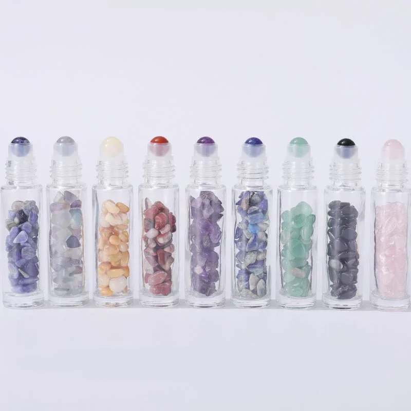 Rolo de óleo essencial de pedra preciosa natural, garrafa de vidro com rolo de perfume com chip de cristal, garrafa recarregável de viagem 10ml com 10 peças