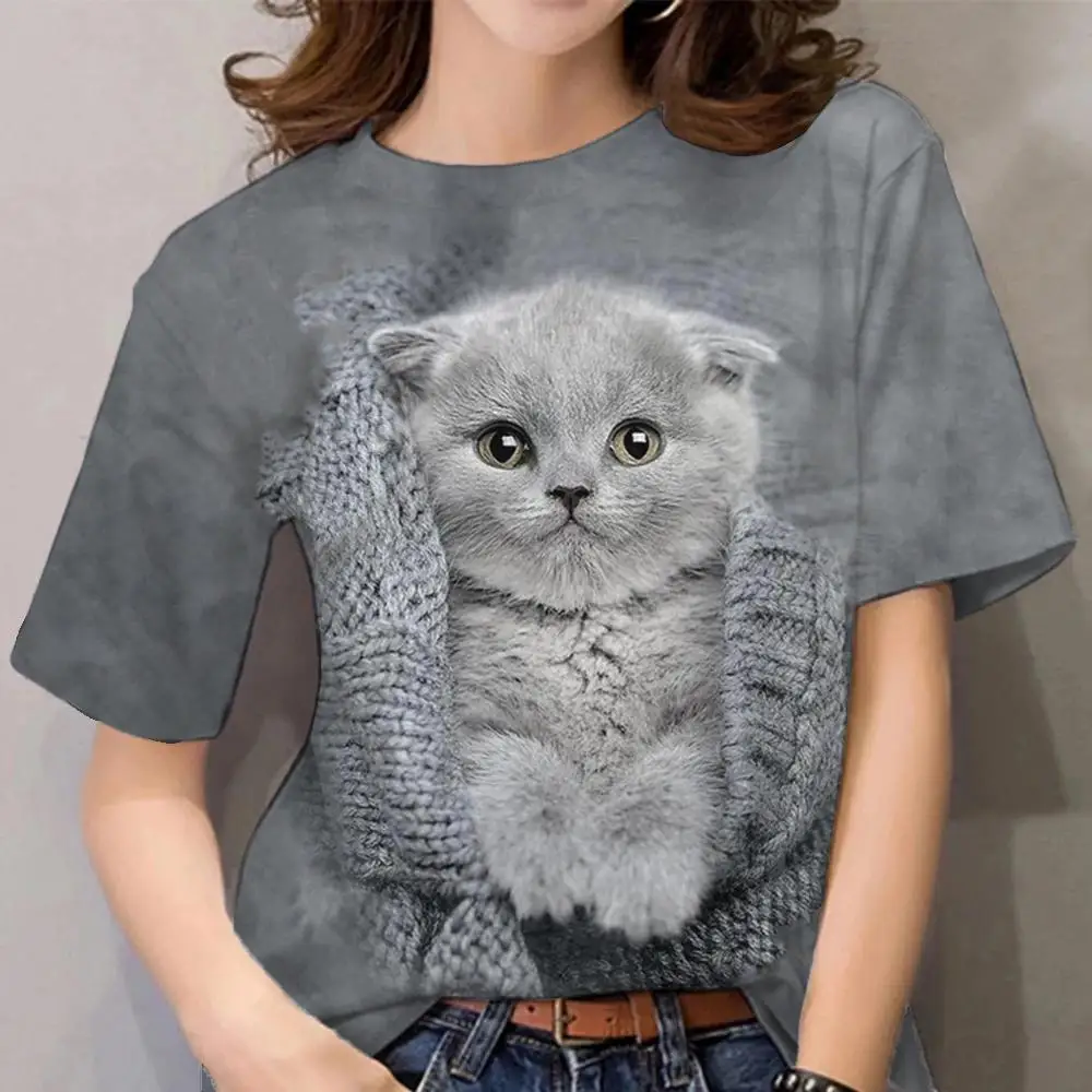 女性用3DプリントTシャツ,女性用3D猫プリントTシャツ,カジュアルファッション,半袖ストリートTシャツ,y2k服2020