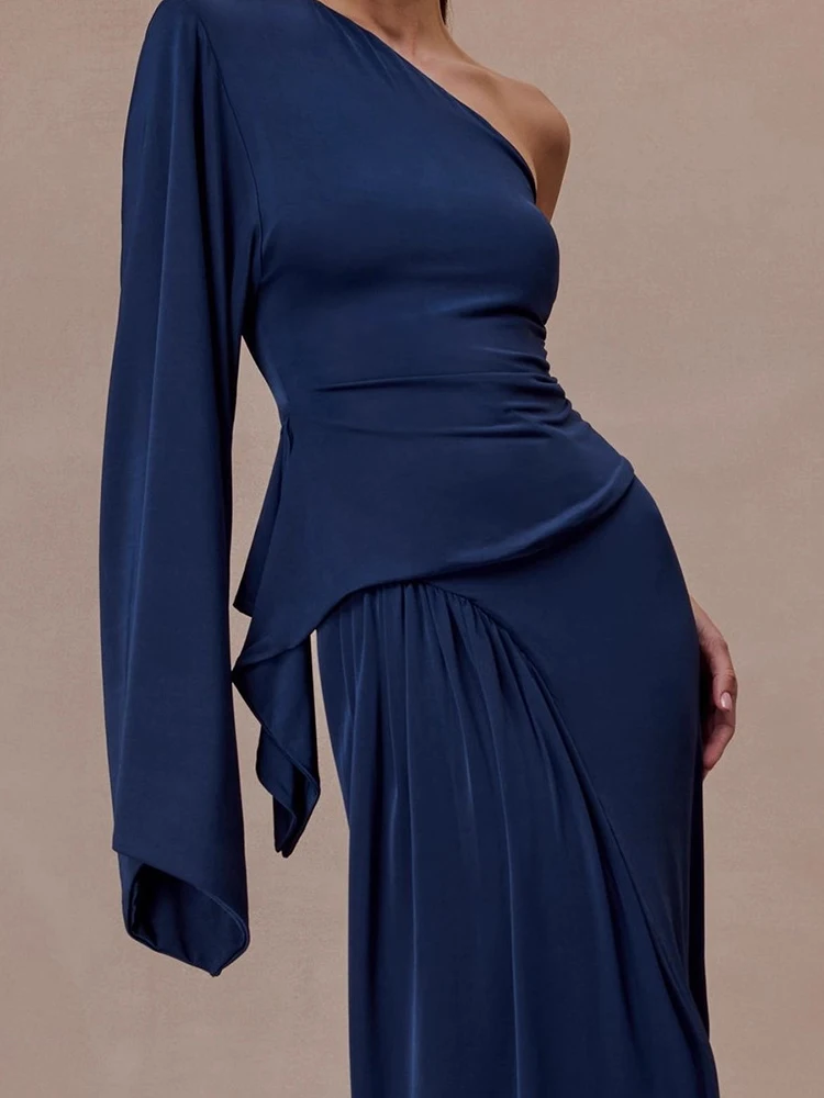 

Office Ladies Loose Spring Outfit Fashion Street Wear Two Piece Suits Vintage Solid Color Slanted Neck Top and Long Skirt Set