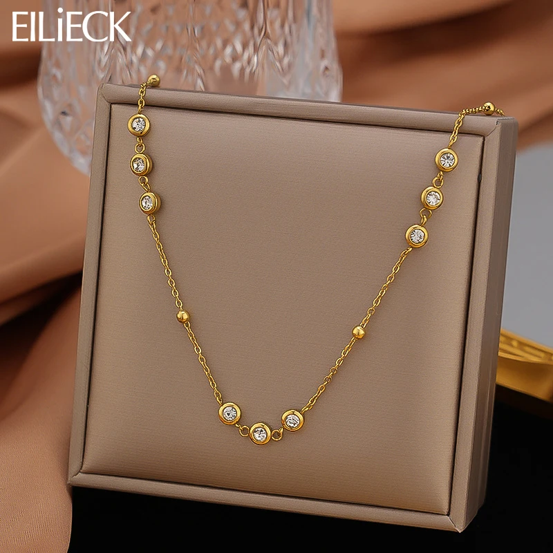 EILIECK 316L Acero inoxidable Metal cadena fina Bling Zirconia collar 18K chapado en oro PVD joyería de moda impermeable para mujeres
