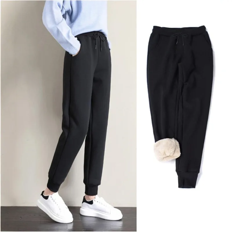 الخريف الشتاء جلد الخراف صغير الساق بلون الكورية نمط Sweatpants الصوف سميكة رياضية سراويل تقليدية الرباط الدانتيل متابعة