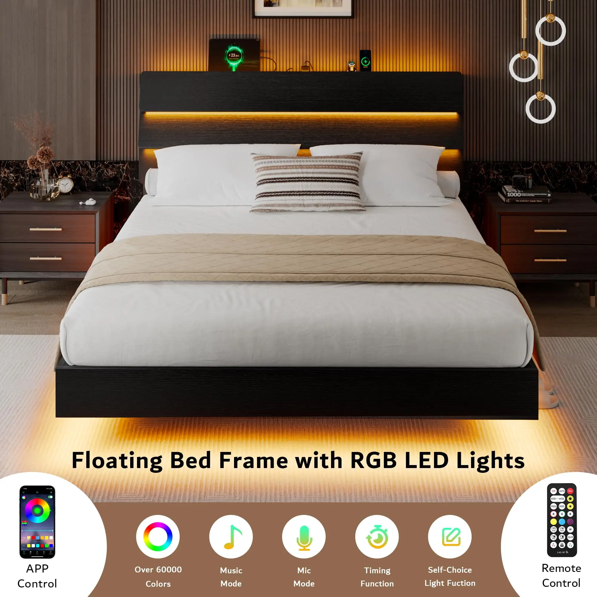 Queen Floating Bed Frame with LED Lights & Charging Station, Platform Bed with Wooden Storage Headboard, Steel Slats image 3