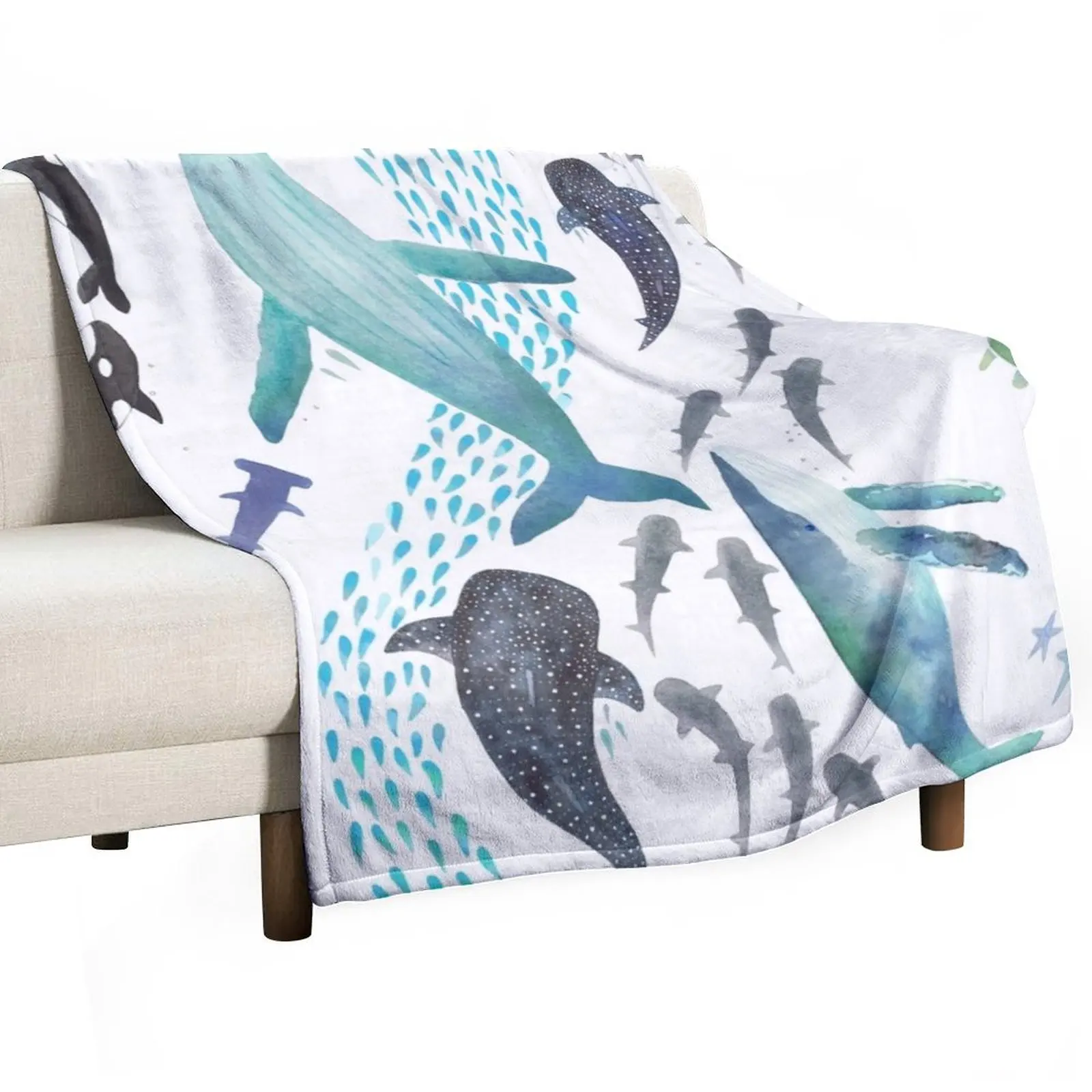 Sharks, Humpback Whales, Orcas & Turtles Ocean Play Print Throw Blanket christmas decoration manga Thin Blankets