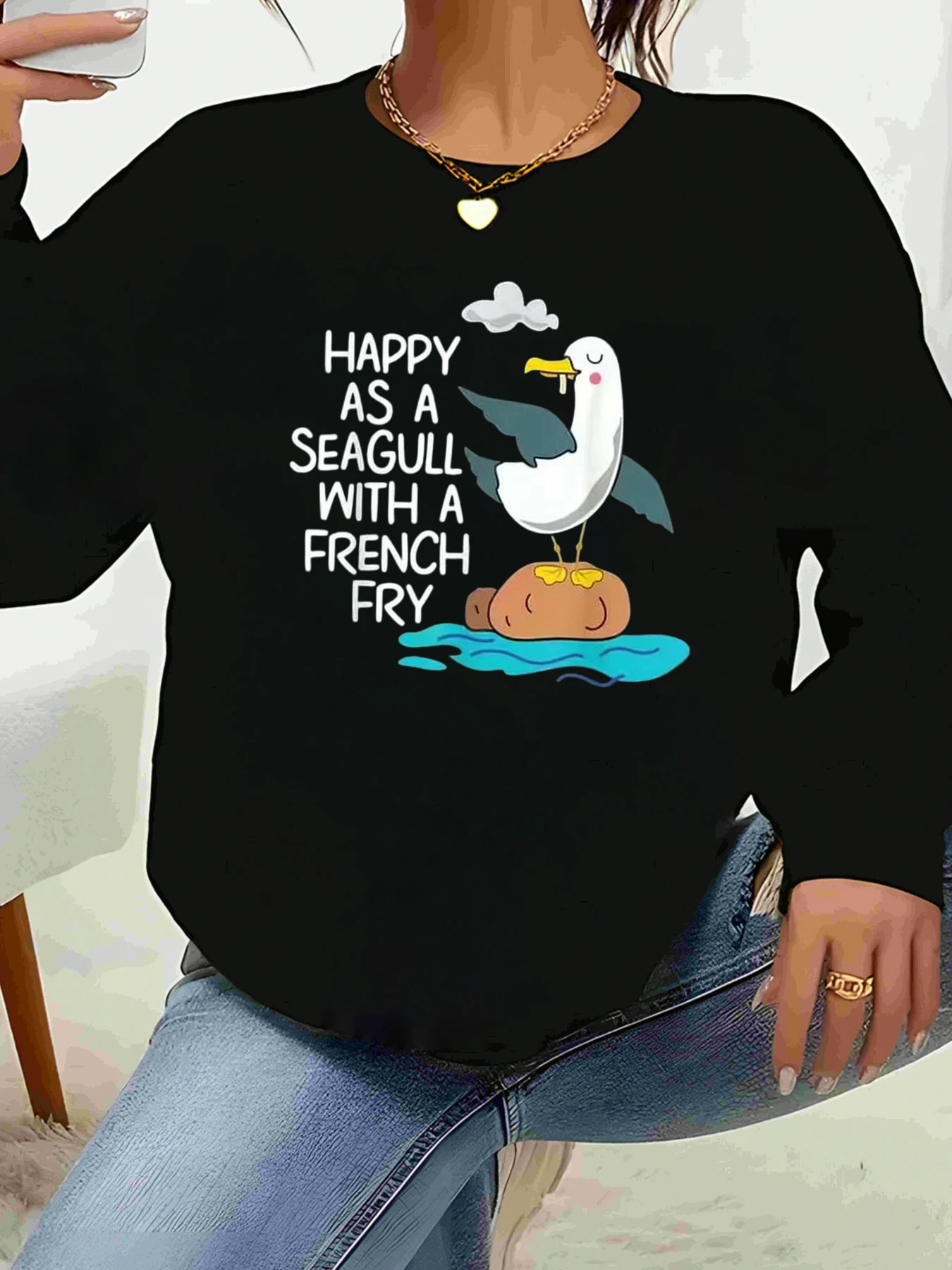 

Повседневная женская одежда с длинными рукавами и принтом «Чайка с французским фритюрным принтом»