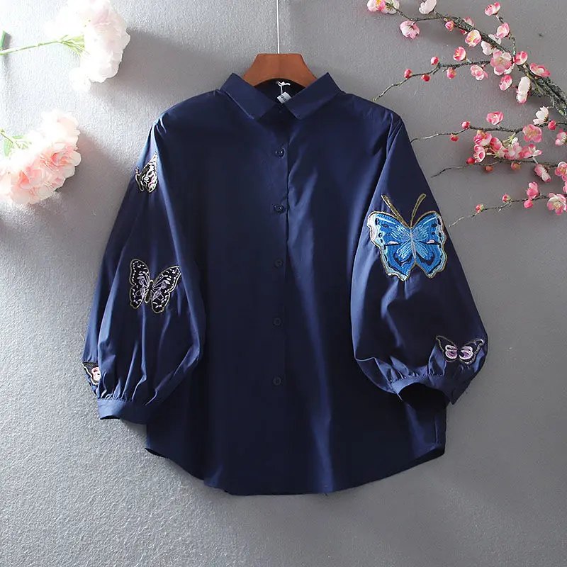 2023 Spring and Summer Literature Fresh Butterfly Embroidery Simple Polo Neck Casual Loose Lantern Long Sleeve Versatile Shirt