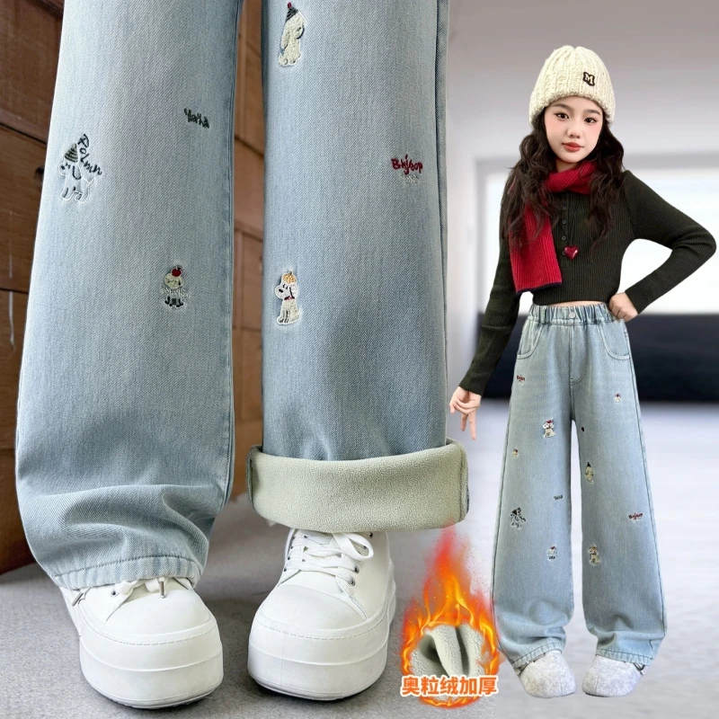 جينز جينز مطرز برسوم كارتونية للفتيات المراهقات، سروال مستقيم من قماش الدنيم مبطن بالصوف، سروال طويل من قماش الدنيم العتيق المغسول لفصل الشتاء #6