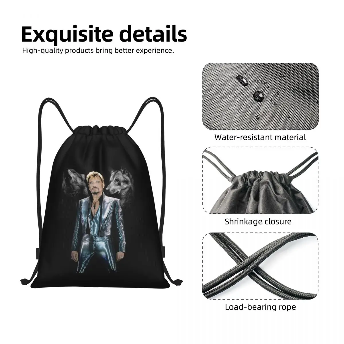 Custom Johnny Hallyday com Wolf Drawstring Bag para compras, mochilas de ioga, cantor de rock francês, sackpack de ginástica esportiva para mulheres e homens