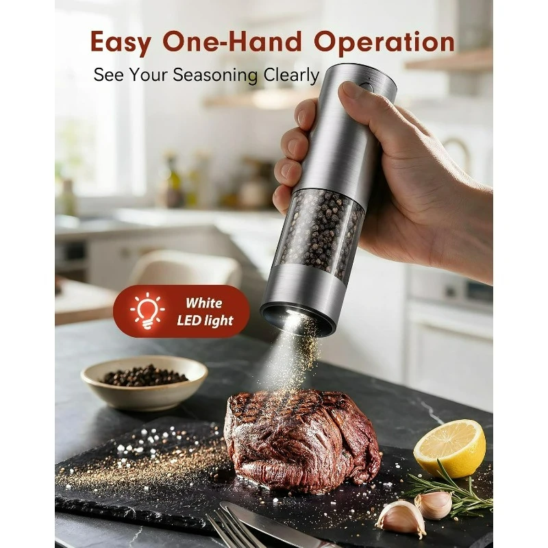 Larger Capacity Rechargeable Electric Salt and Pepper Grinder with 5 Adjustable Grind Settings,LED Light and Refillable Design