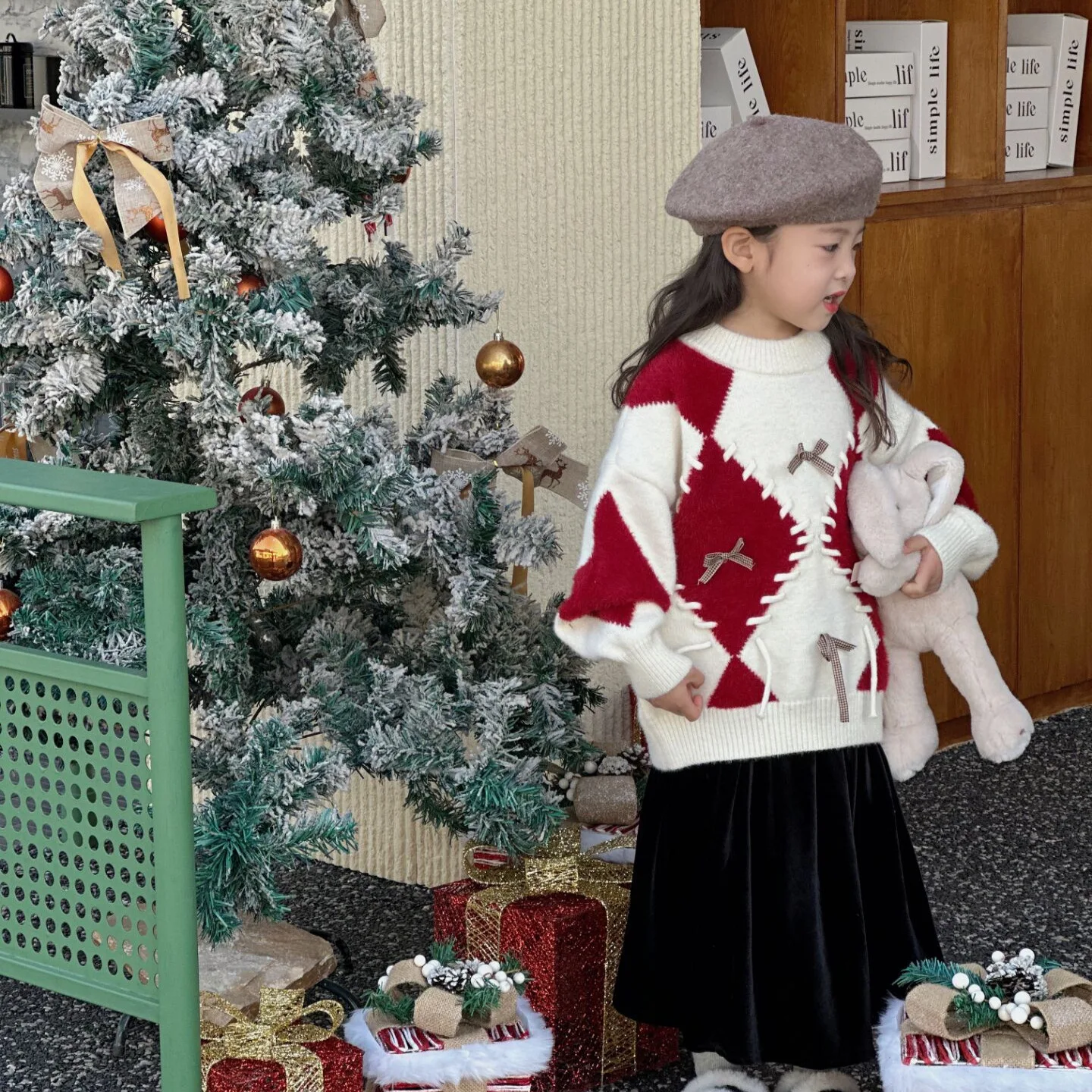 

Girls Sweater 2025 Autumn Winter New Fashion Simple and Versatile Red Bow Round Neck Christmas Sweater Trendy