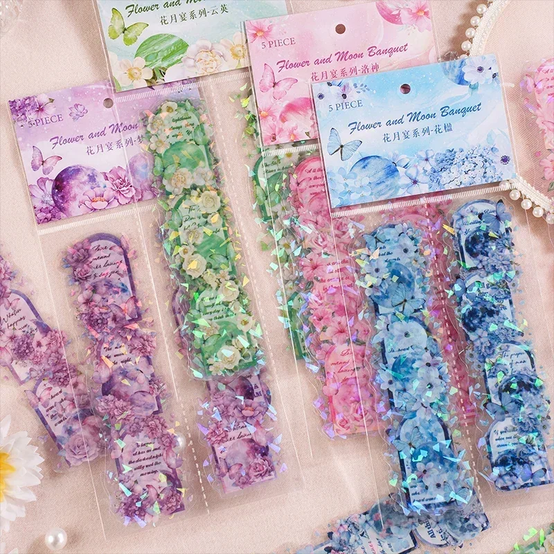 

6-компонентные золотые голографические наклейки, элегантные цветочные инструменты с мелодией для роскошных журналов, приглашений