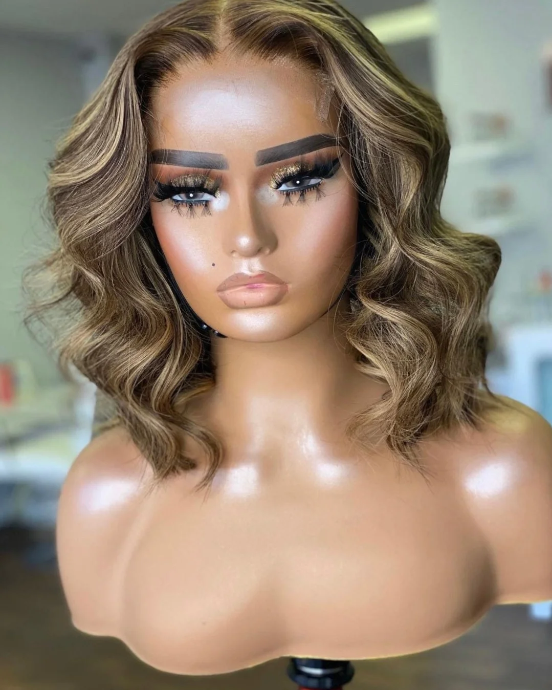 Brown Highlight Glueless Lace Front Wig Curly Hair Human Hair Water Wave Lace Front Wig 180% High Density Highlight Color 14Inch