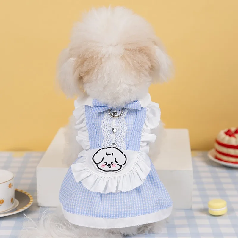 

Blue Plaid Pet Maid Dress New Cartoon Dog Clothes Teddy Summer Pullover Bichon Frise Leashable Princess Skirt