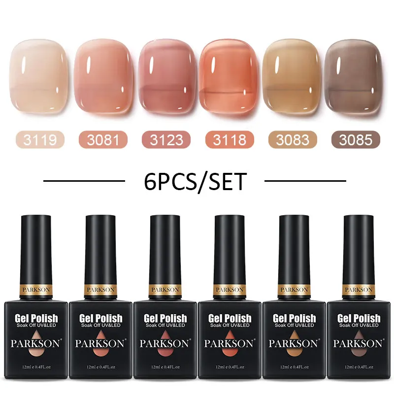 Parkson 12ML Translucent Jelly Gel Polish Set 6PCS Nude Hybrid Glitter LED UV Soak Off Semi Permanent Fashion Color Varnishes