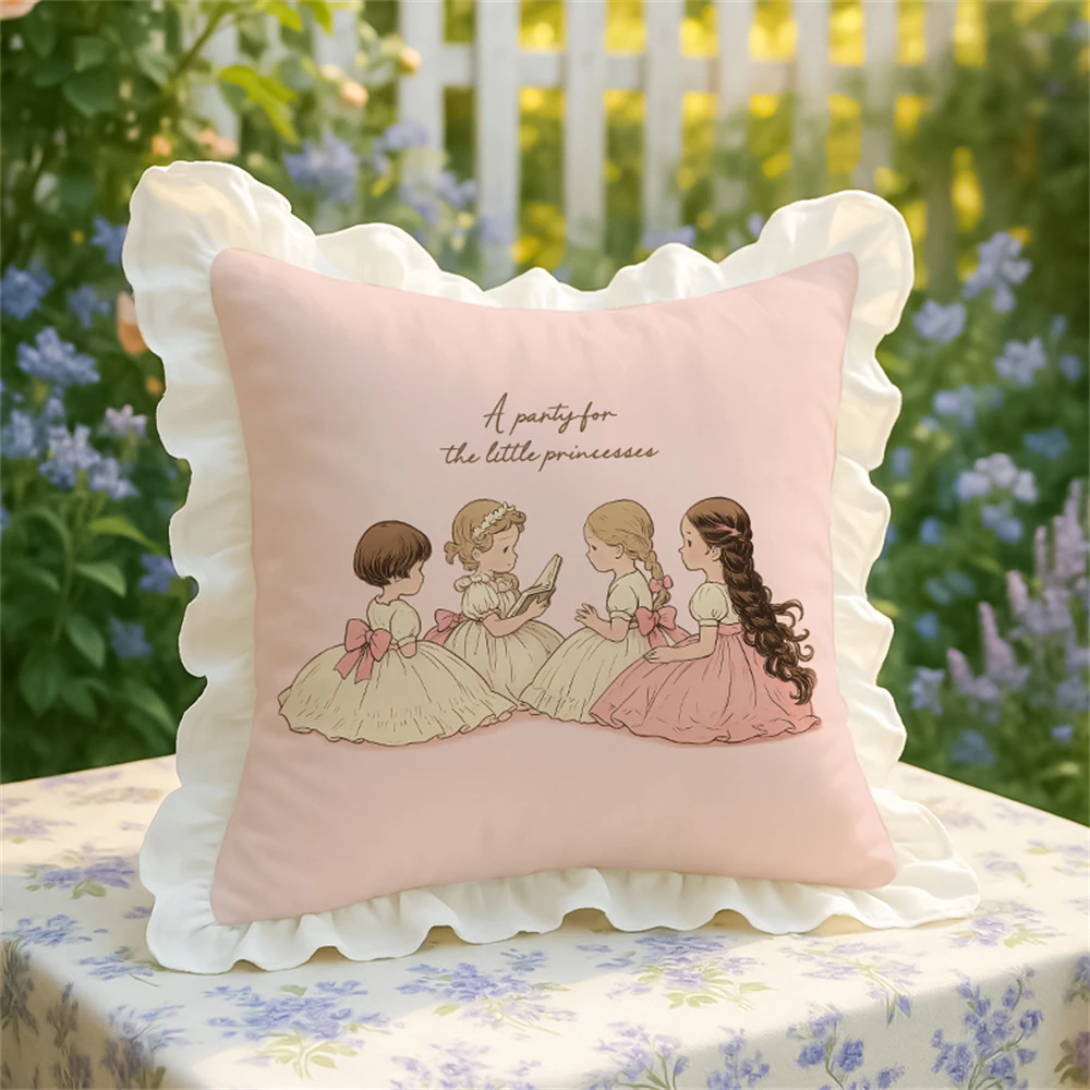 Home Decoration Sofa Bed Pillow Cartoon Anime Princess Printed Pillowcase Lace Black Pillow Washed Cotton Lotus Leaf Edge Pink