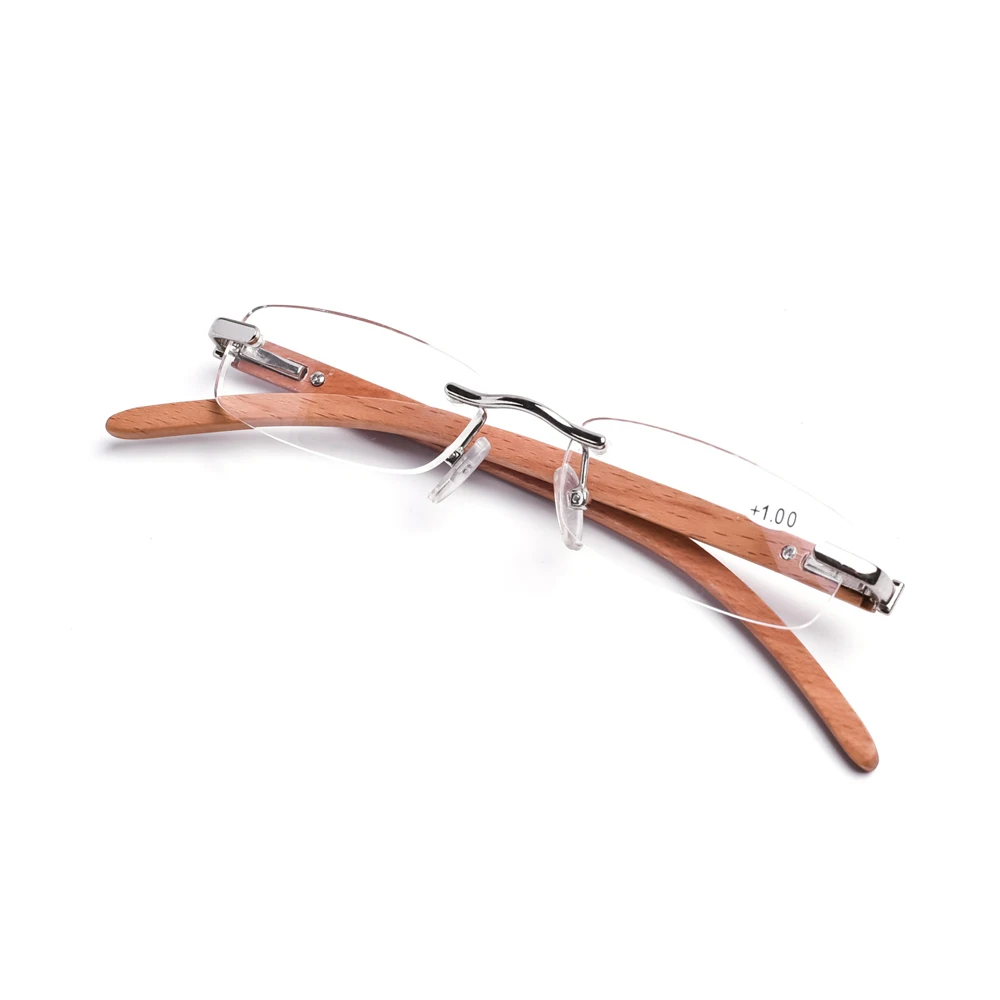 DBYLXMN 2 Pack Natural Wood Temple Rimless Reading Glasses for Men Women Frameless Lightweight Presbyopia Eyeglasses