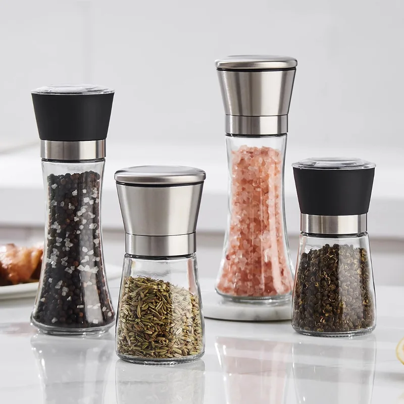 Pepper Grinder 304 Stainless Steel Lid Salt Pepper Sesame Grinder Ceramic Core Glass Seasoning bottle Manual Spice Salt Grinder