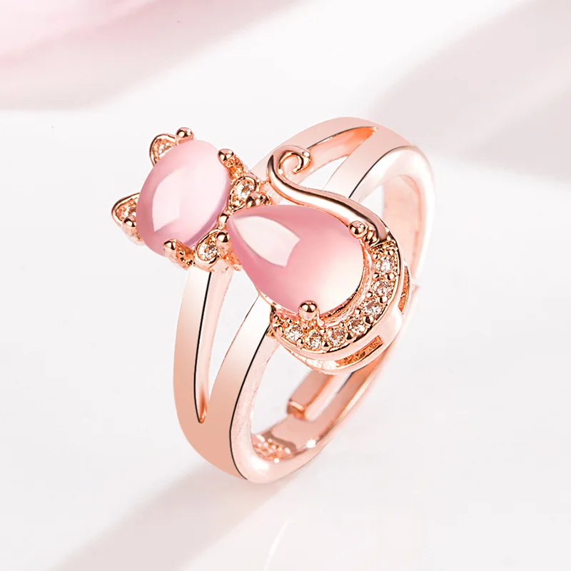 

Dainty Pink Crystal Kitten Ring Rose Quartz Adjustable Open Band Cute Cat Jewelry Sparkling Gift for Girls Women Fashion