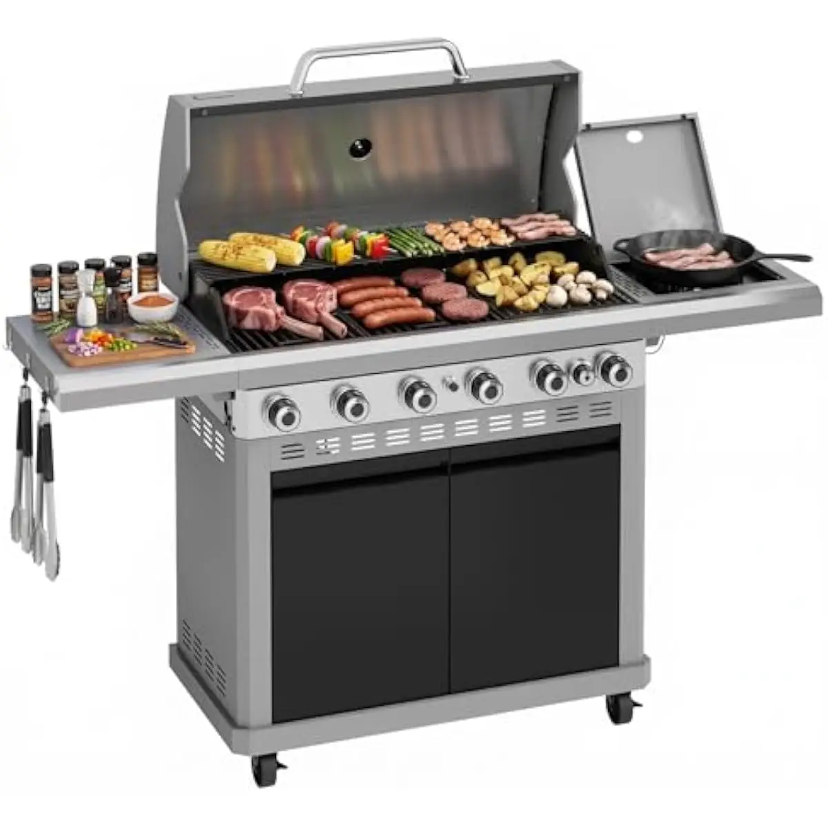Heavy-Duty 6-Burner Gas Grill with Reversible Dual-Surface Griddle Plate, Built-In Thermometer, Independent Zone Control, 740 Sq