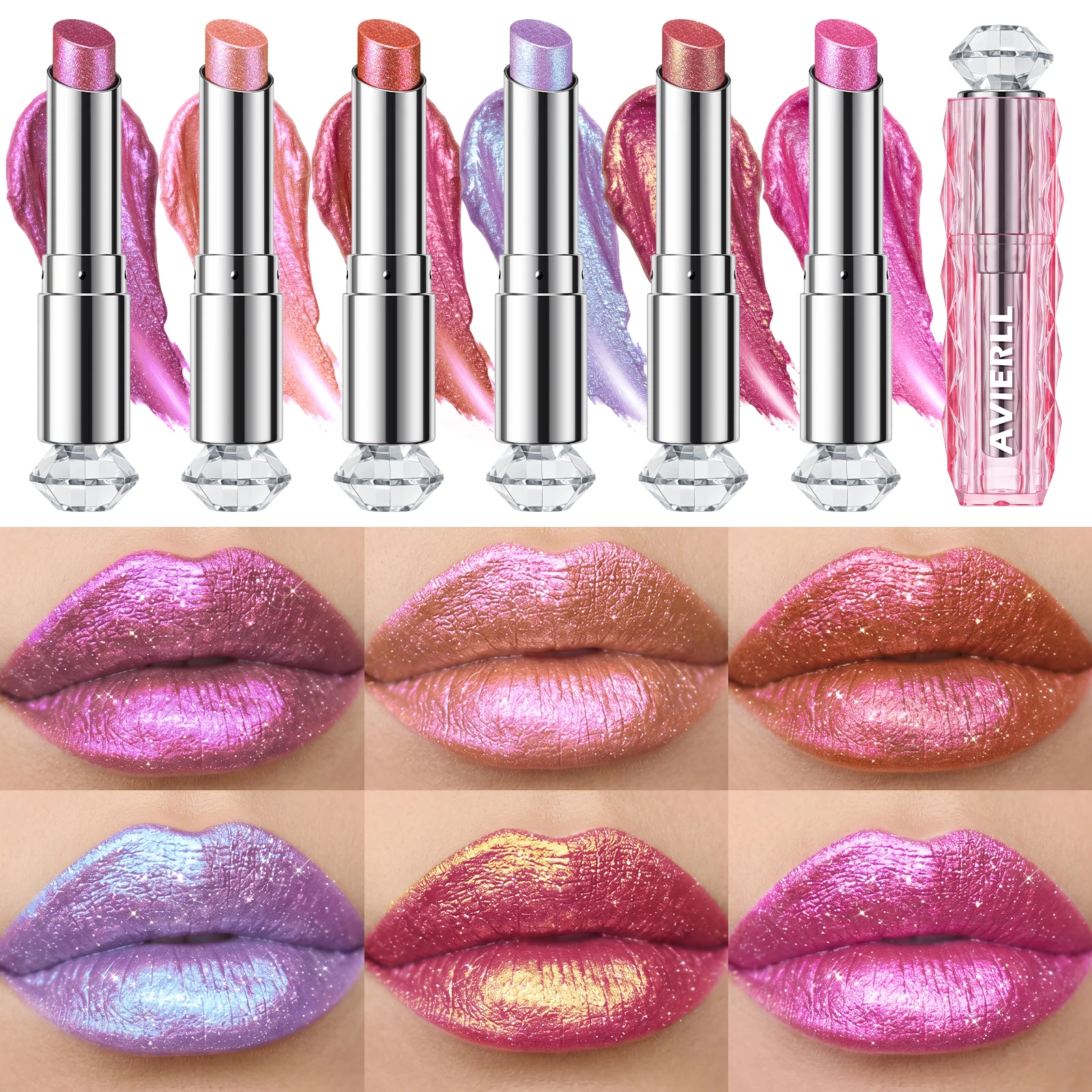 Metallic Diamond Shimmer Lipstick, Iridescent Fine Glitter Lip Makeup, Daily Lip Cosmetic for Women, Ideal Halloween Gift,