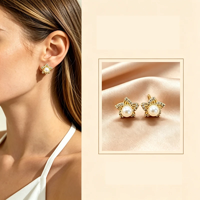 Hollow Petal Flower Stud Earrings for Women Gold Plated Rhinestones Mini Imitation Pearl Earrings Party Cute Small Jewelry