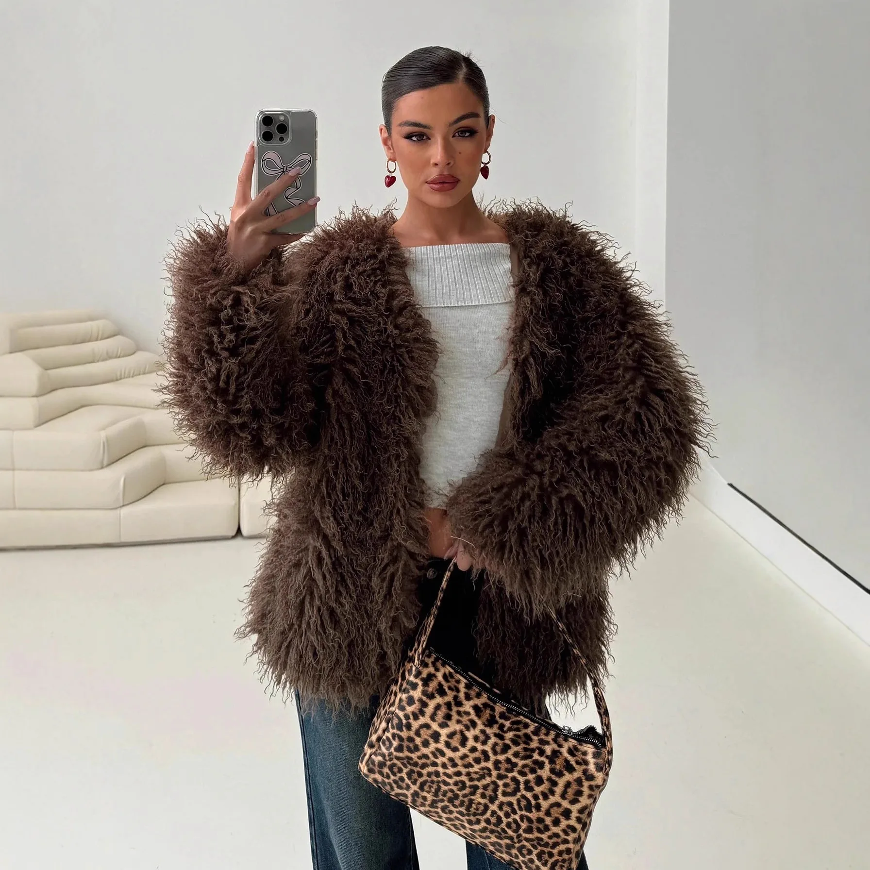 Fur Jacket Women's Elegant Fluffy Solid Color Thickened Thermal Long Sleeve Coat Winter Fashion Oversized Lad