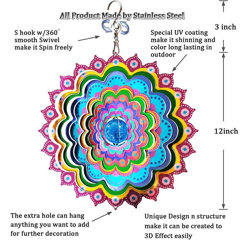PSATHENATI-Mandala Vento Spinner com Crystal Ball, Pavão 3 Aço Inoxidável, Presente para o Natal, Jardim Interior e Exterior, Arte Cinética, 12in