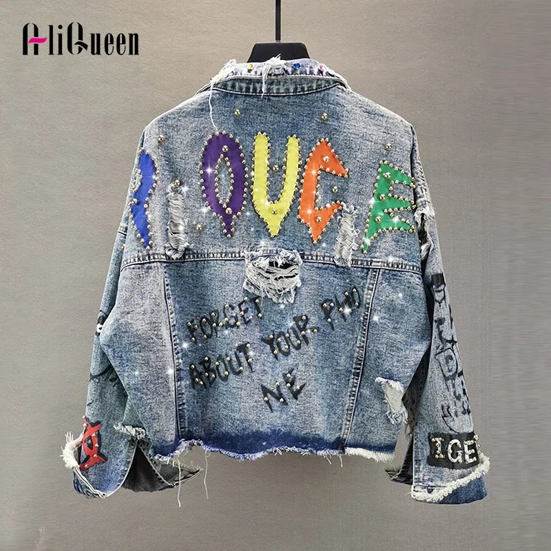 

High Street Women Vintage Tassel Beading Frayed Holes Denim Jacket Crop Coats Female Graffiti Rivet Jeans Jackets Girl Outerwear