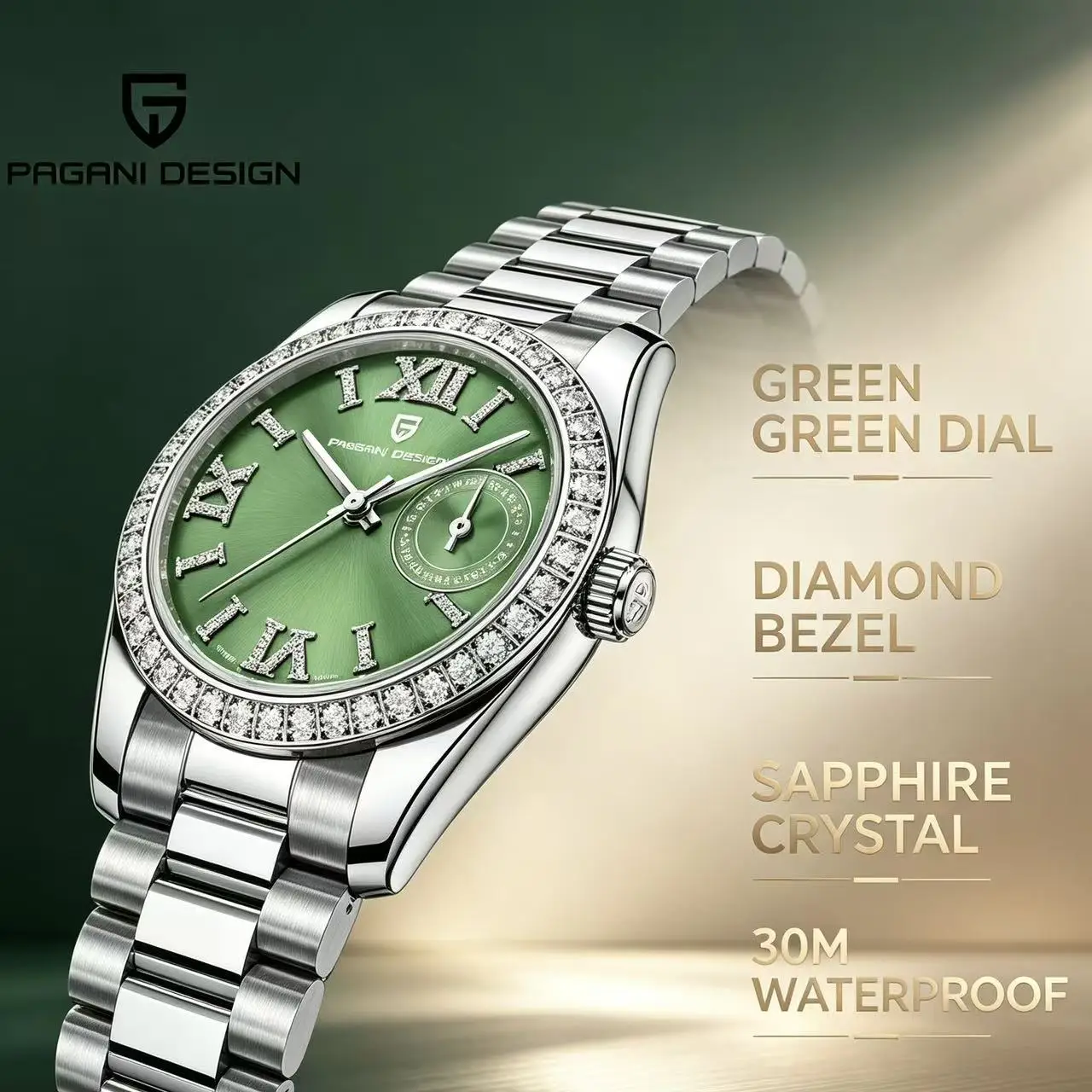 PAGANI DESIGN PD1776 Women Watch 32MM Diamond Dial Stainless Steel Waterproof Calendar Luxury Fashion Ladies Wristwatch