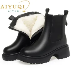 AIYUQI Snow Boots Women 2024 New Genuine Leather Women Ankle Boots British Style Natural Wool Winter Warm Women Chelsea Boots