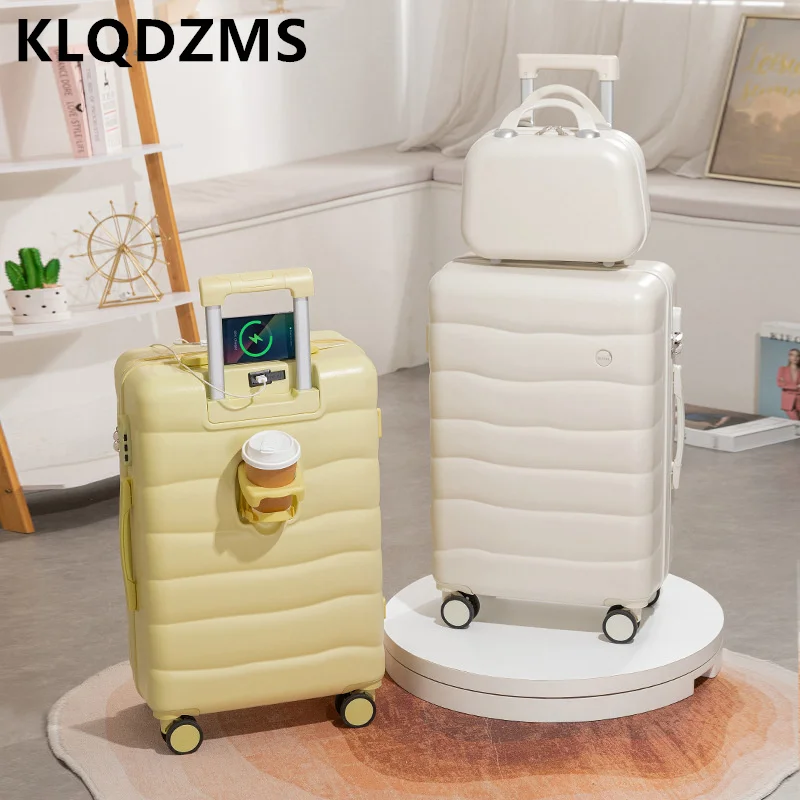 KLQDZMS Rolling Luggage 22"24"26 Travel Trolley Set 18"20 Inch Boarding Case USB Charging with Cup Holder with Wheeled Suitcase