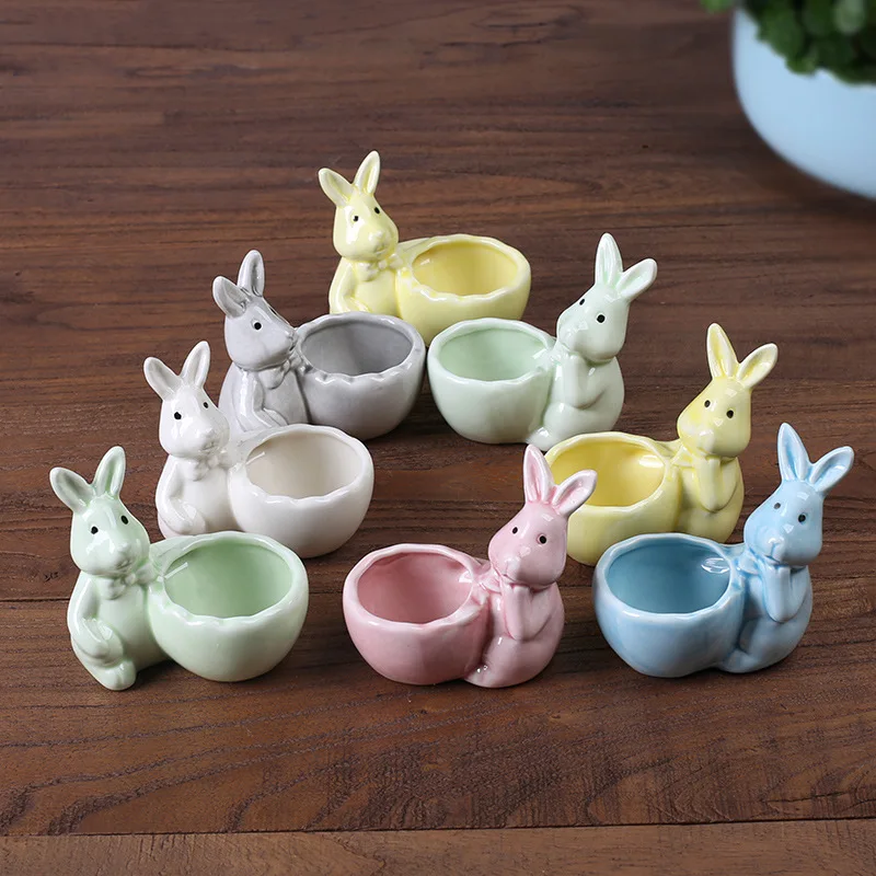 

Cute Rabbit Breakfast Egg Cup Creative Egg-shaped Candle Holder Home Decoration Candlestick Ceramic Potted Plant Ornament