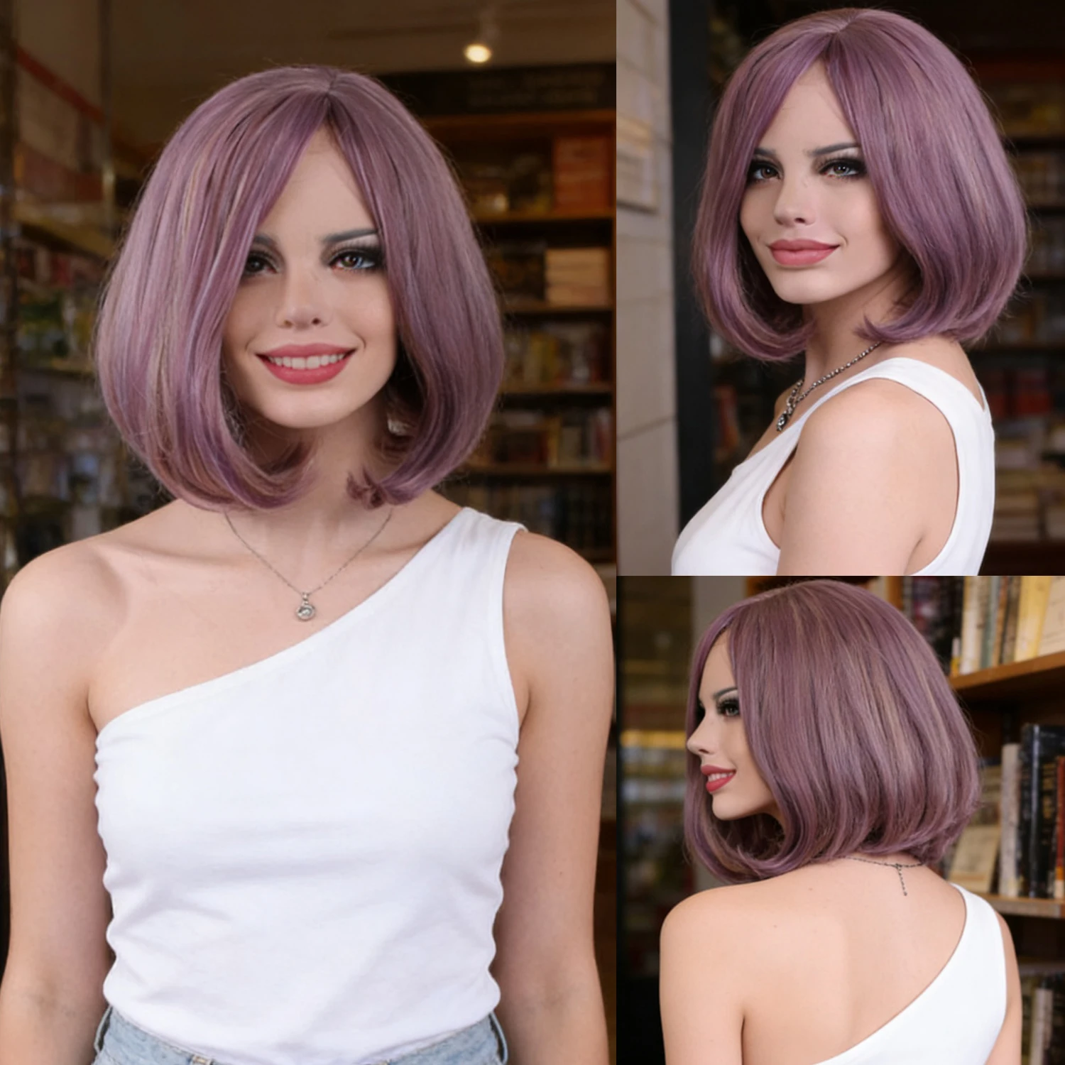 

Synthetic Hair Cosplay Wigs For Women Taro Purple color Straight Wig Layered Wigs Short Wig Female Party Ombre