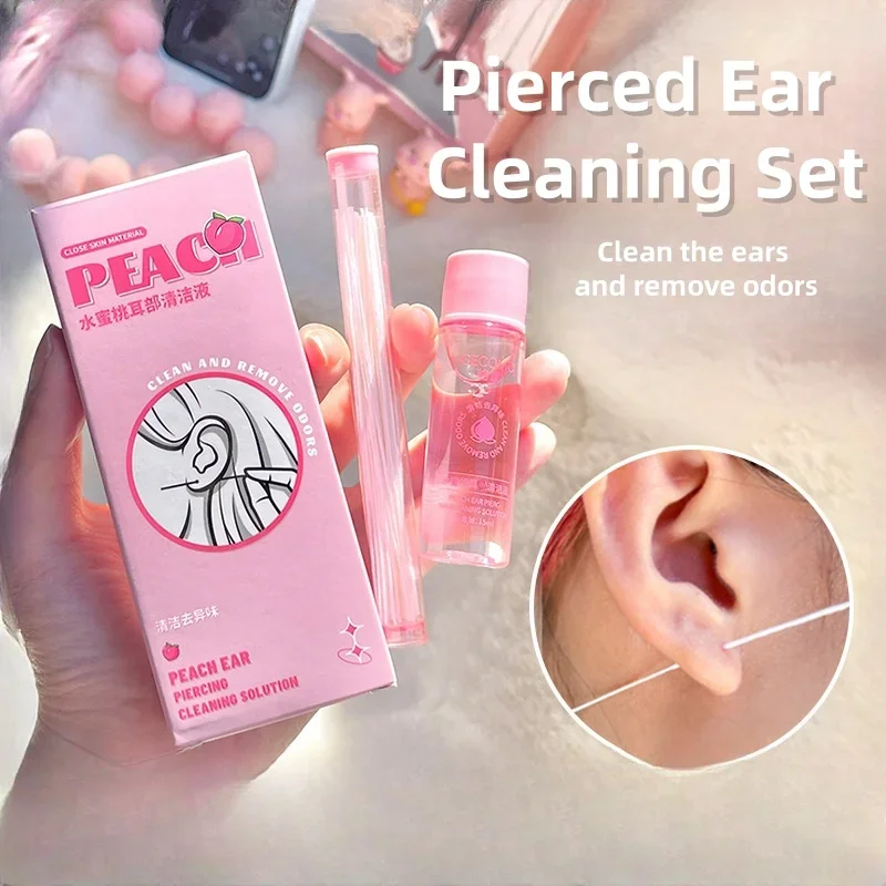 Pierced Ear Cleaning Set Peach Ears Piercing Cleanings Solution Ear Holes Cleaning Line Floss Set Ear Wax Cleaning Tools