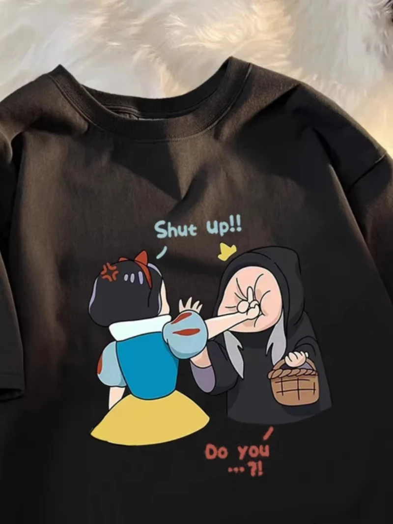 Camiseta de manga corta de Blancanieves de Disney para mujeres y parejas, novedad de verano 2021, ropa informal holgada de algodón transpirable con cuello redondo