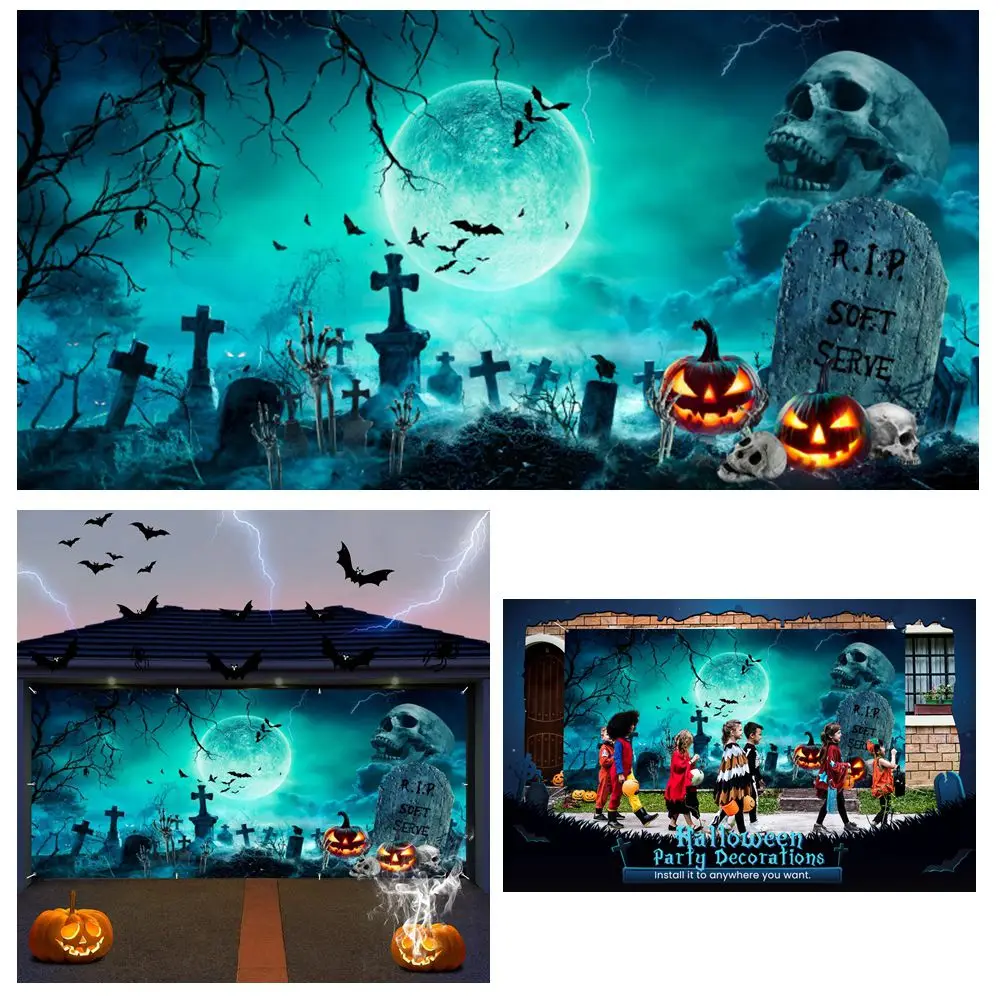 

Halloween Garage Door Banner Spooky Skull Graveyard Forest Backdrop Halloween Home Decor Indoor outdoor Large Hanging Background