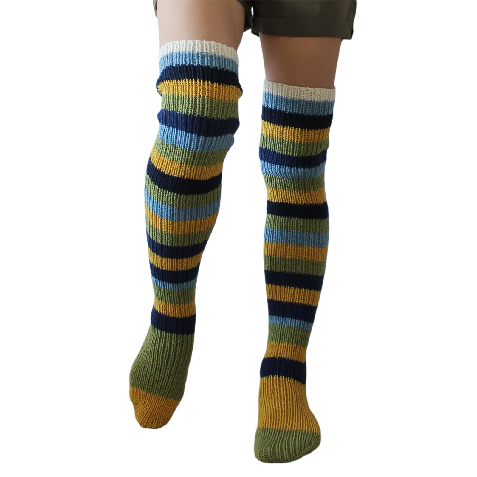 2024 Winter Ladies Knitted Stockings Adults Women Autumn Winter Leisure Style Mixed Color Stripes Knee-high Socks Long Stockings