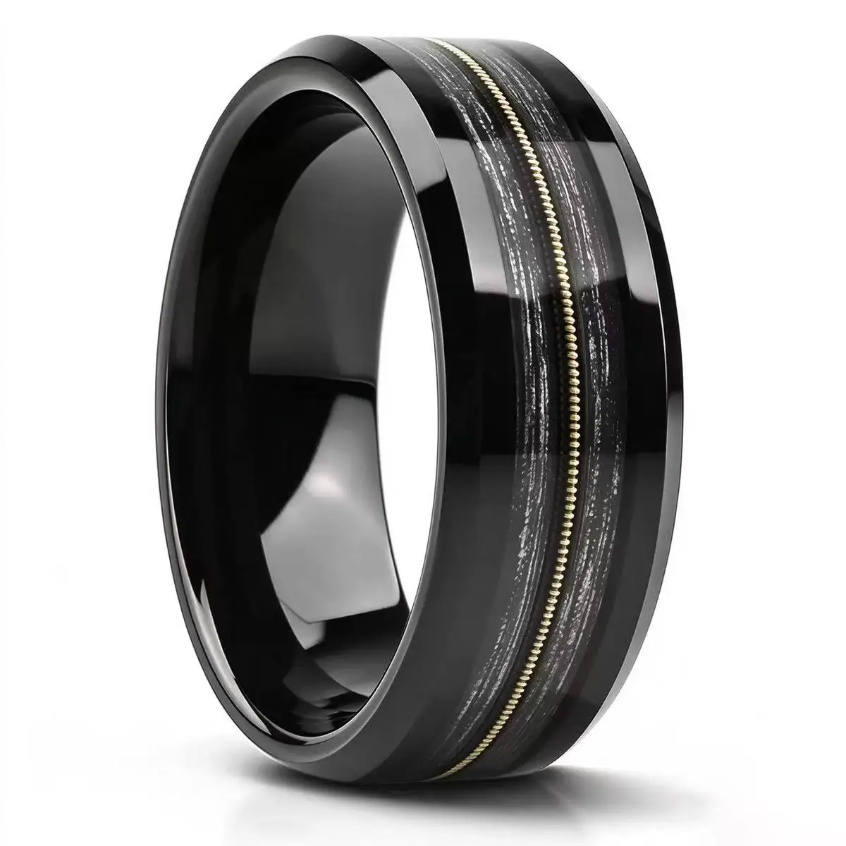 8MM Black Tungsten Men's Wedding Bands Inlay Guitar Strings Engagement Promise Ring Fashion Daily Wear Musician Anniversary Gift