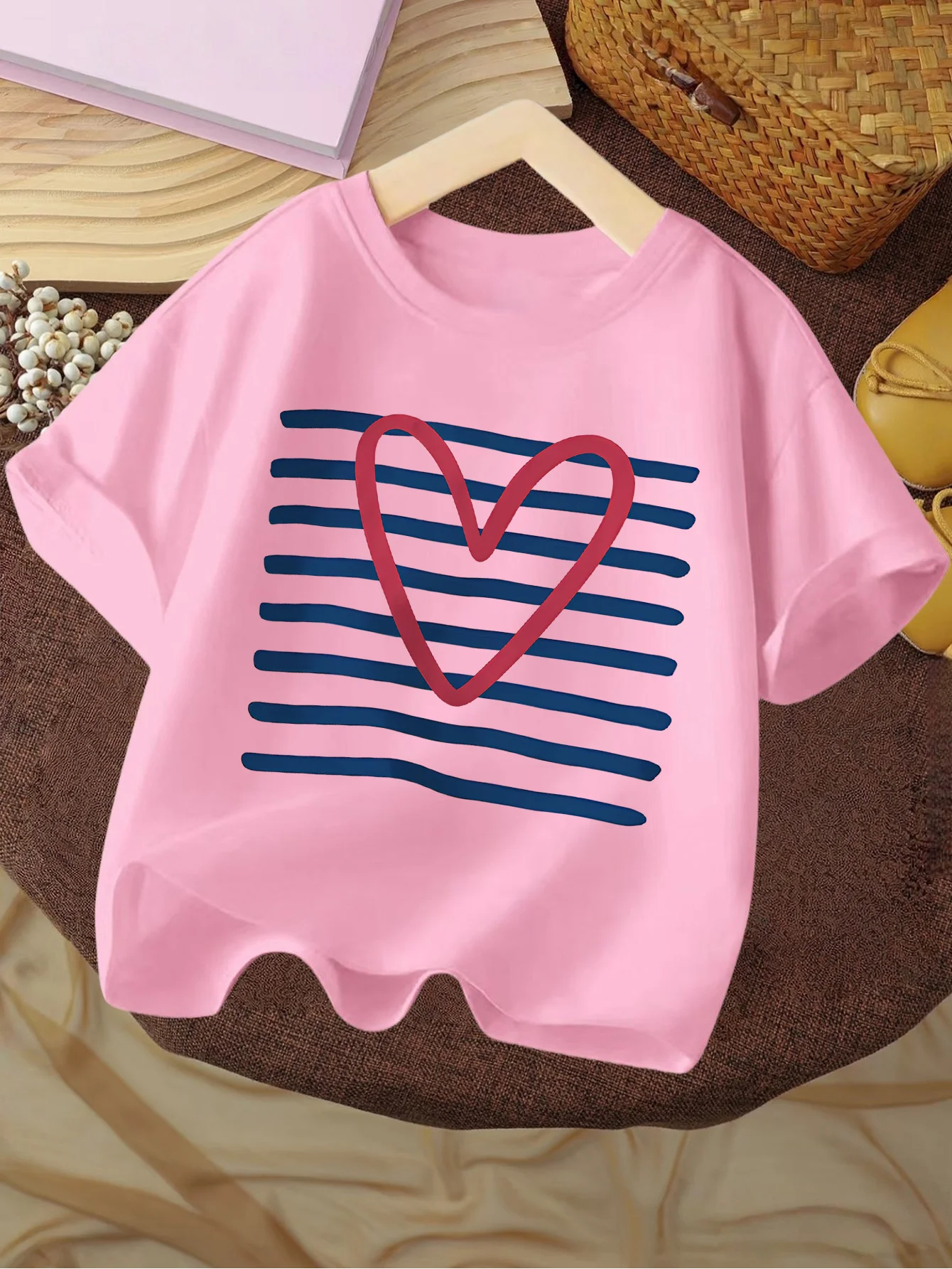 Kids Tee Simple Horizontal Stripes With Hand Drawn Red Heart Lovely Pattern Print Short Sleeve Cotton Children Casual Wear