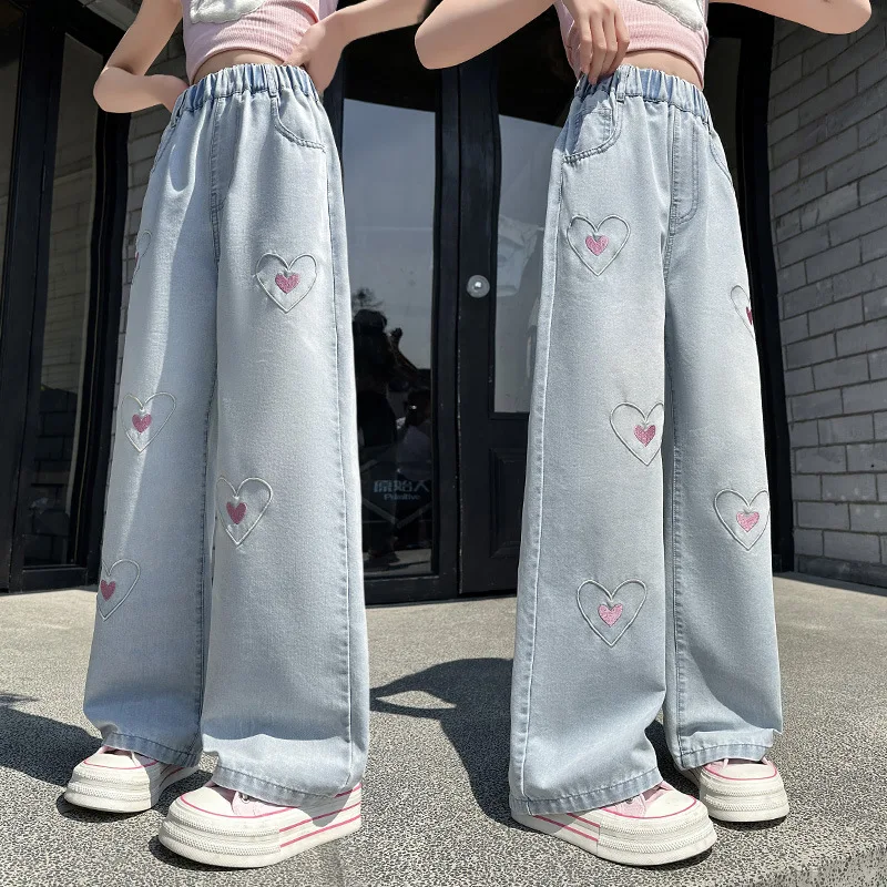 Spring Summer New Girls Jeans Heart-shaped Embroidery Thin Loose Pants For 5-14 Years Teen Girls Stylish Denim Wide Leg Pants