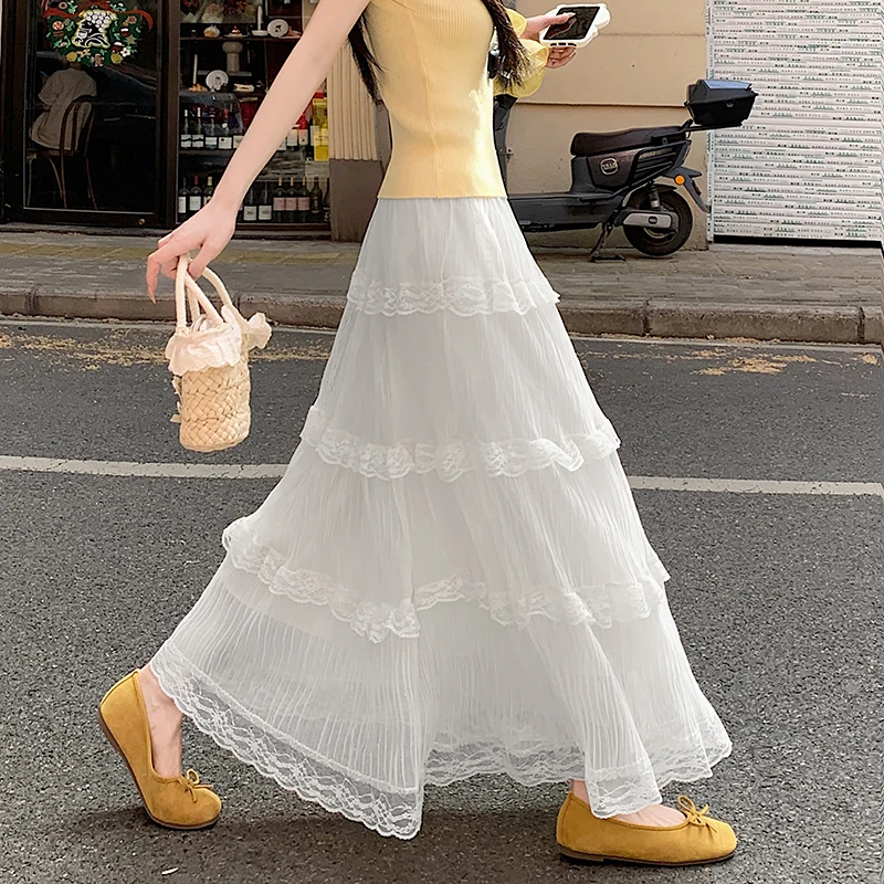 Soft A-Line Long Skirt with Lace Trim High Waist Tulle Mesh Max-Length Skirts for Women, Sweet & Gentle Style in Apricot