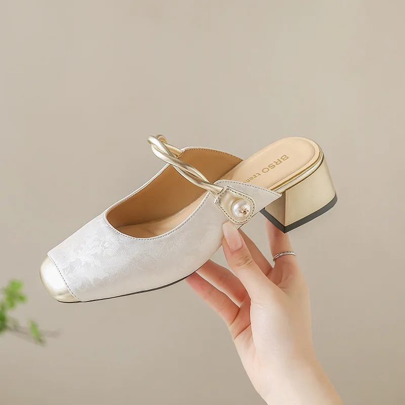 Dressy mary jane shoes women's mules green slip on mid heels woman chic patchwork slippers new summer strap heeled shallow mules