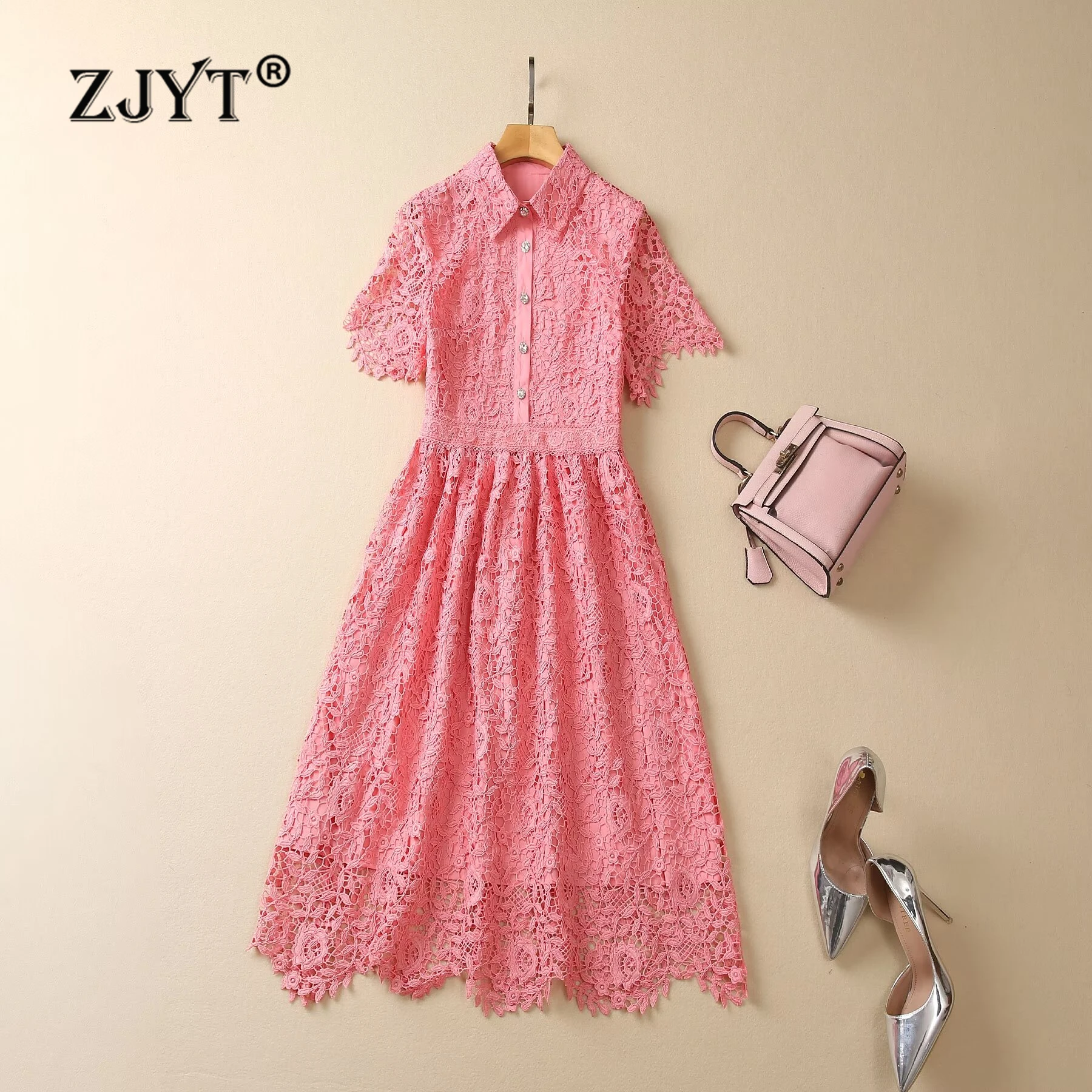 

ZJYT Summer Short Sleeve Lace Dress Women Turn Down Collar Single Breasted Pink Party Dresses Elegant Vestidos Female Clothing