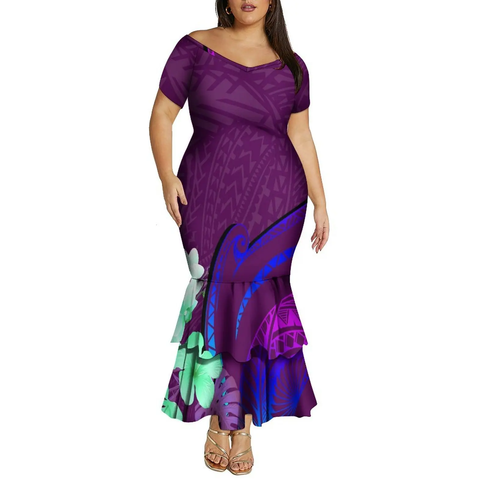 Vestido rabo de peixe de camada dupla equipado com um grande decote em V e ombro de fora vestido de festa e festival personalizado polinésio