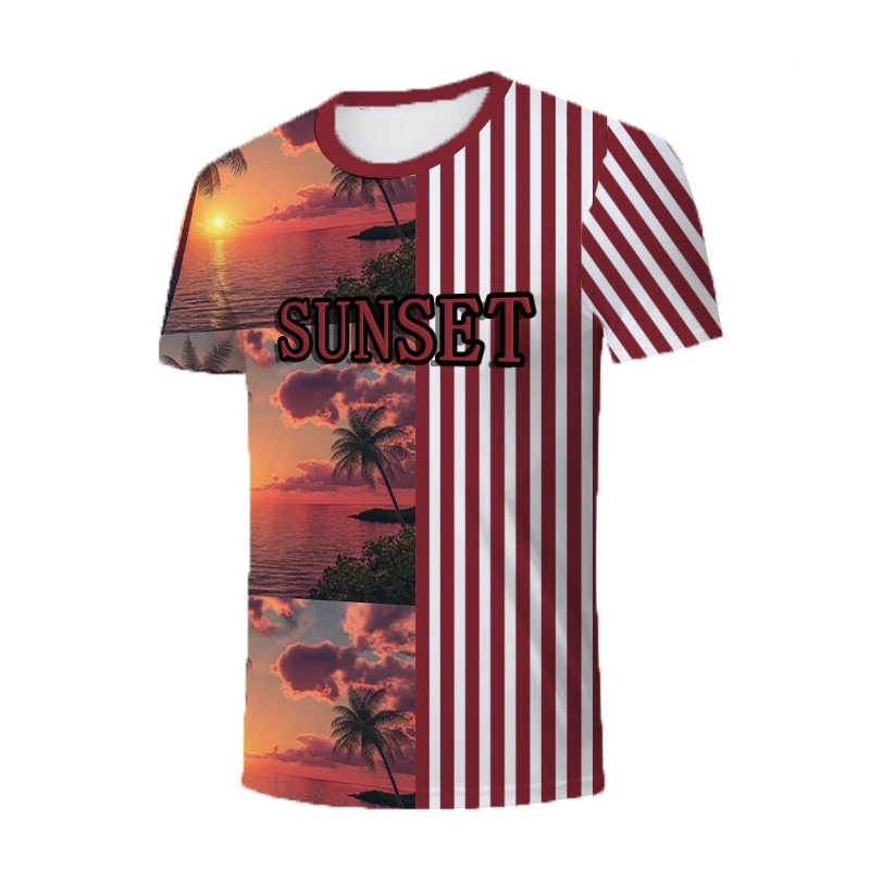 

Модные полосатые футболки с рисунком кокосовой пальмы на закате, летние модные футболки с 3D принтом для пляжного отдыха, свободные дышащие футболки, топы